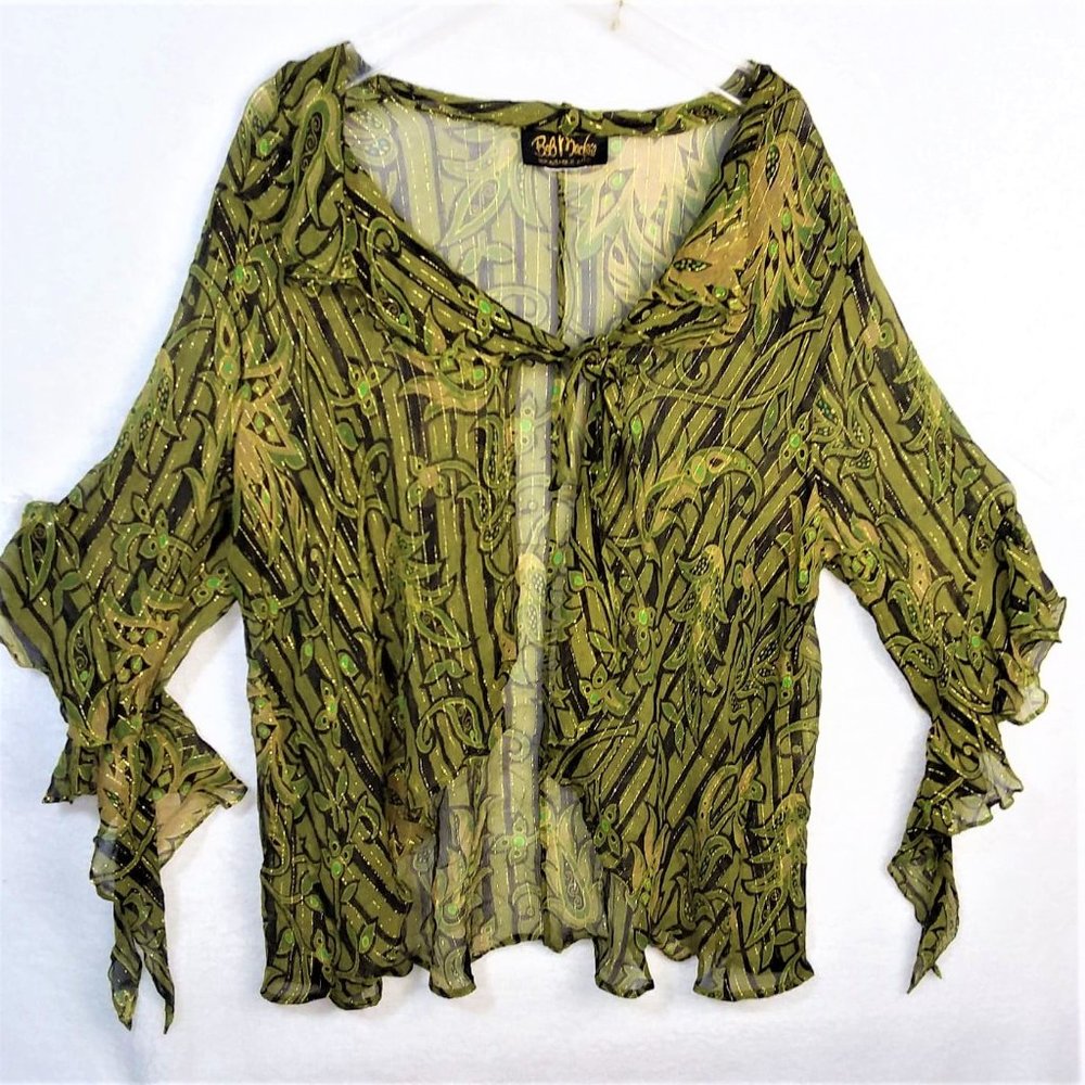 BOB MAKIE  Sheer Green Tie Front Blouse
